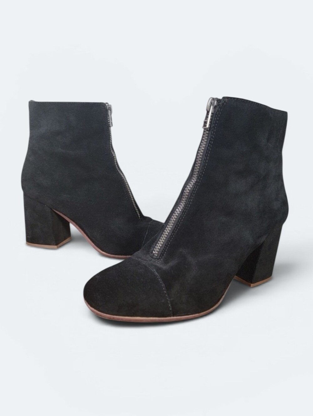 Madewell The Amalia Suede Front Zip Ankle Boots Black Size 6 Block Heel Retro